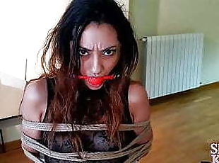 Lesbian girls in rope bondage, tied and gagged in chair