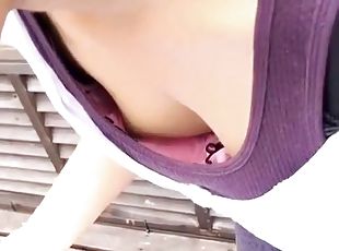Blonde asian babe with cute perky tits on downblouse cam